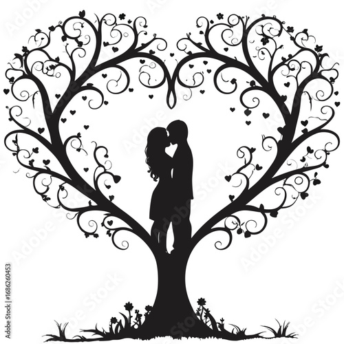 Romantic Silhouette of Couple Embracing Beneath Heart Shaped Tree A Symbolic Depiction of Love Connection and Nature's Embrace