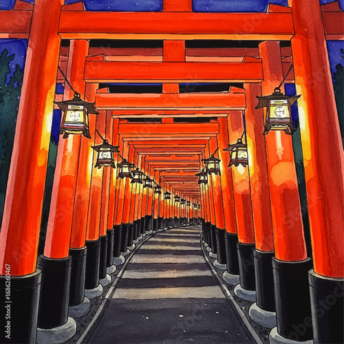 A vibrant illustration of a long pathway through traditional Japanese torii gates, illuminated at night.