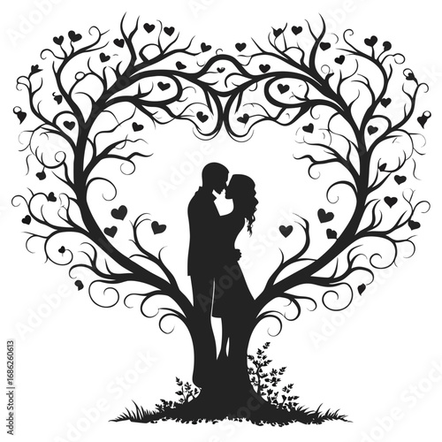 Romantic Silhouette of Couple Embracing Beneath Heart Shaped Tree A Symbolic Depiction of Love Connection and Nature's Embrace