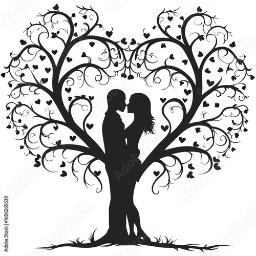 Romantic Silhouette of Couple Embracing Beneath Heart Shaped Tree A Symbolic Depiction of Love Connection and Nature's Embrace