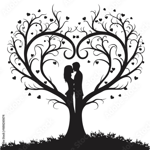 Romantic Silhouette of Couple Embracing Beneath Heart Shaped Tree A Symbolic Depiction of Love Connection and Nature's Embrace