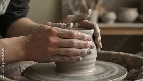 Close up of a potter s hands shaping clay on a spinning pottery wheel creating a vessel