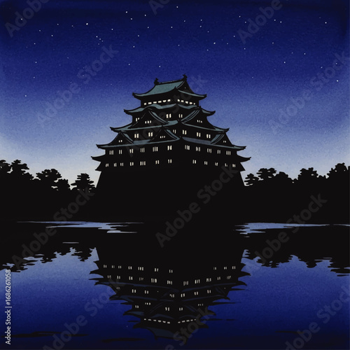 A traditional Japanese castle with illuminated windows reflected in calm water under a starry night sky.