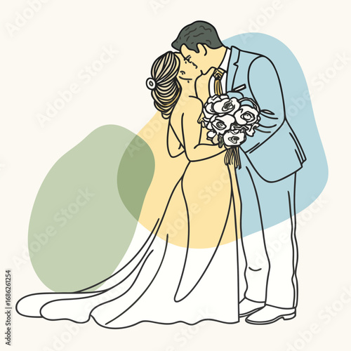 Line Art Wedding Bliss Capturing a Tender Moment of a Bride and Groom United in Love and Happiness