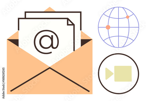 Open envelope with symbol papers, globe with connection points, video camera icon. Ideal for communication, digital media, email marketing, online networking, technology, virtual collaboration