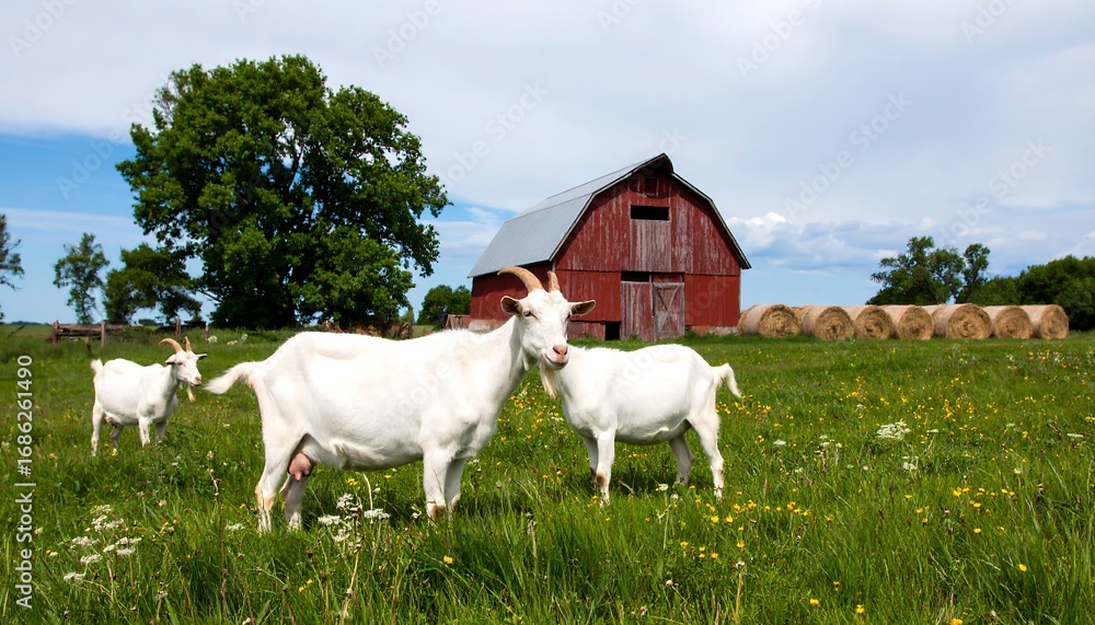 Fototapeta premium Goats Grazing near Red Barn