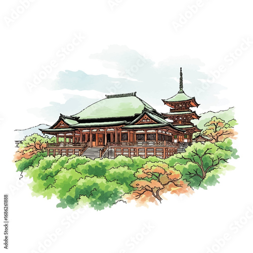 A beautiful watercolor illustration of a traditional Japanese temple and pagoda nestled among lush trees on a hill.