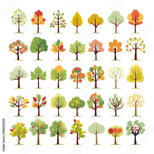 Collection Of Diverse Trees In Various Stages Of Seasonal Change On isolated White Background. minimal and simple cartoon green trees icon set vector illustration