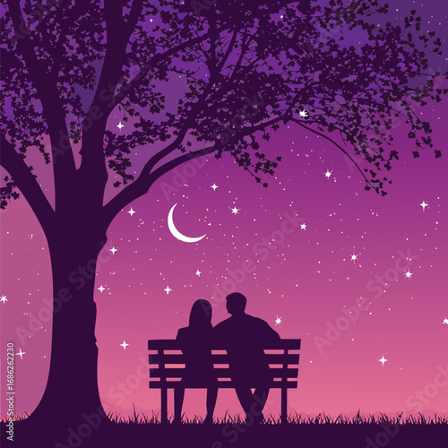 Romantic Silhouette Scene A Couple On A Bench Under A Tree Gazing At The Moon With Stars