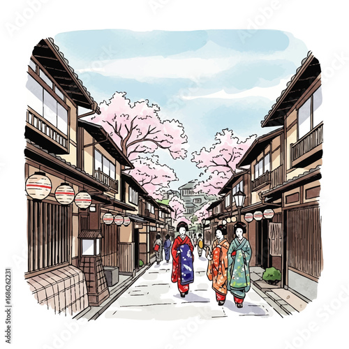 Illustration of a traditional Japanese street scene with women in kimonos walking under cherry blossom trees, lined with historic buildings.