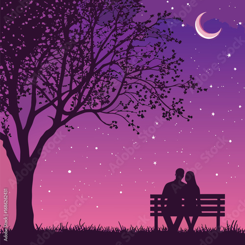 Romantic Silhouette Scene A Couple On A Bench Under A Tree Gazing At The Moon With Stars