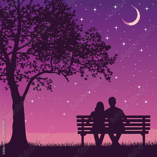 Romantic Silhouette Scene A Couple On A Bench Under A Tree Gazing At The Moon With Stars
