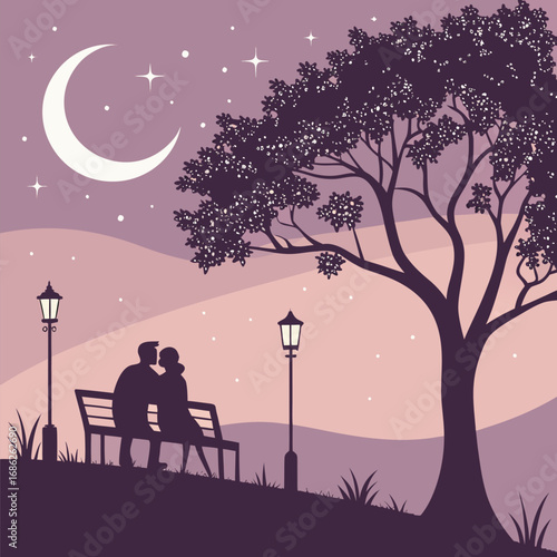 Romantic Silhouette Scene A Couple On A Bench Under A Tree Gazing At The Moon With Stars