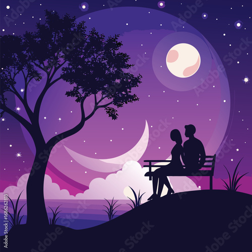 Romantic Silhouette Scene A Couple On A Bench Under A Tree Gazing At The Moon With Stars