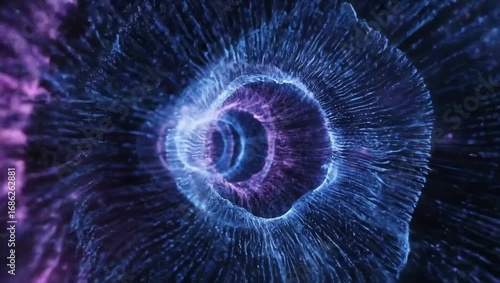 Abstract dark cosmic space with glowing light streaks forming intricate patterns and tunnel effect