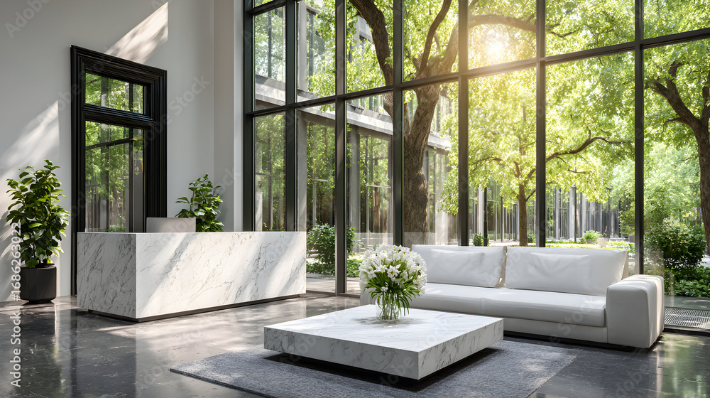 Naklejka premium White sofa and coffee table in a modern building lobby with large windows showing green trees and sunlight.