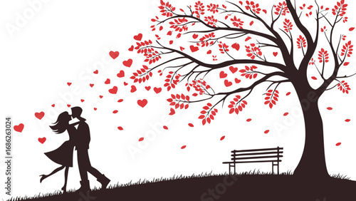 Romantic Embrace Under a Heart Tree A Silhouette of Love and Connection in a Serene Park Setting