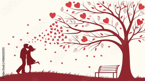 Romantic Embrace Under a Heart Tree A Silhouette of Love and Connection in a Serene Park Setting