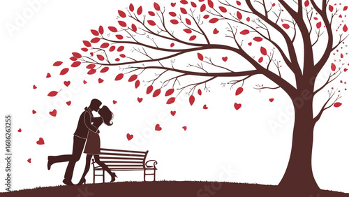 Romantic Embrace Under a Heart Tree A Silhouette of Love and Connection in a Serene Park Setting