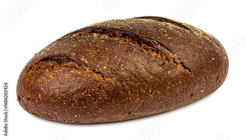 Dark, crusty loaf of bread on white