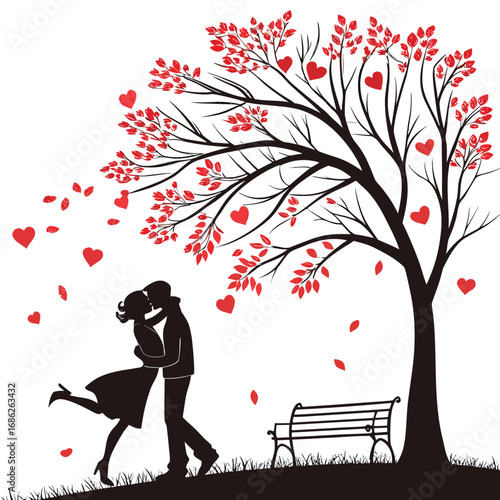 Romantic Embrace Under a Heart Tree A Silhouette of Love and Connection in a Serene Park Setting