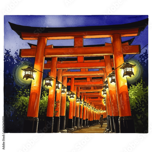Vibrant illustration of a person walking through a tunnel of illuminated Japanese torii gates at night.