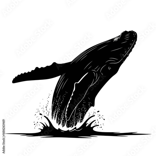 Humpback whale breaching silhouette isolated on white background