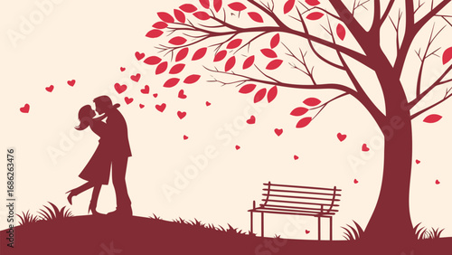 Romantic Embrace Under a Heart Tree A Silhouette of Love and Connection in a Serene Park Setting