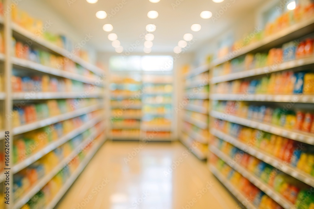Fototapeta premium a blurred minimarket aisle, shallow depth of field, strong lighting, clean and modern look