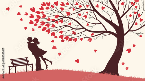 Romantic Embrace Under a Heart Tree A Silhouette of Love and Connection in a Serene Park Setting