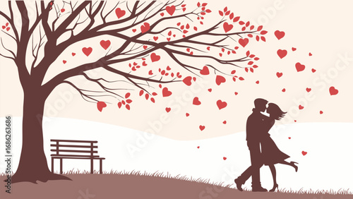 Romantic Embrace Under a Heart Tree A Silhouette of Love and Connection in a Serene Park Setting