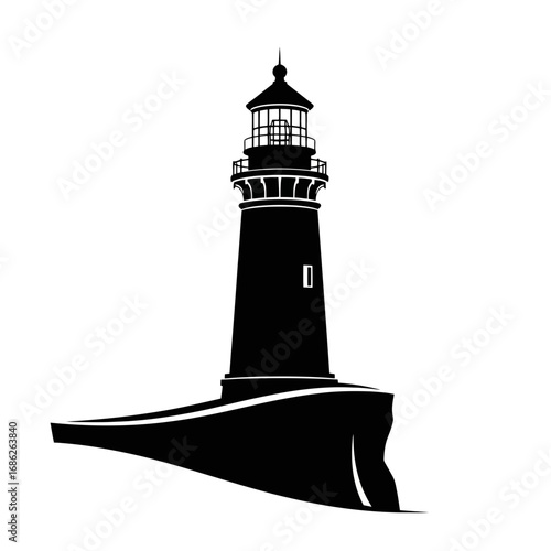 Black lighthouse silhouette on white background isolated on white background