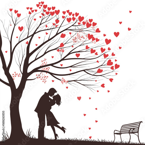 Romantic Embrace Under a Heart Tree A Silhouette of Love and Connection in a Serene Park Setting