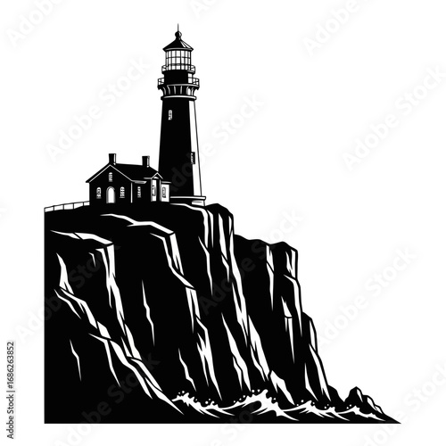 Lighthouse on a cliff silhouette isolated on white background