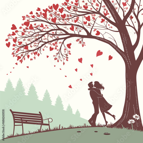 Romantic Embrace Under a Heart Tree A Silhouette of Love and Connection in a Serene Park Setting