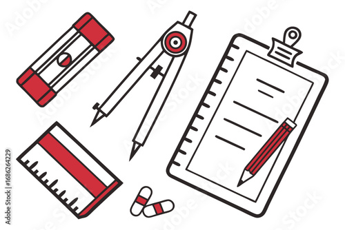 Illustration of drafting tools, clipboard, pencil, compass, and level