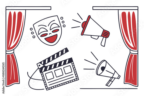 Illustration of stage with theater mask, clapperboard, and megaphone