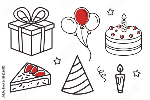 Vector art of birthday party doodles with red
