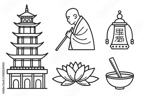 Vector art of buddhist temple and monk in line art style