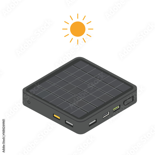 A solarpowered device with a grid of panels The sun above is a yellow circle with rays