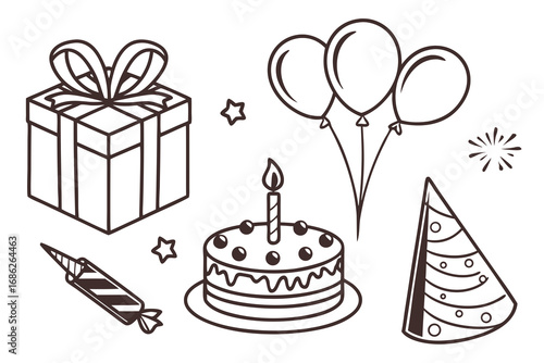 Vector art of birthday party elements in doodle style