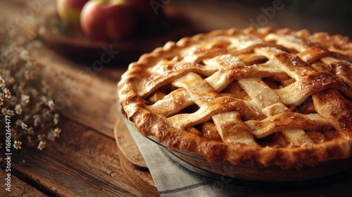 Close-up of Traditional Apple Pie on Wooden Table with Summer Party Decor and Branding Space