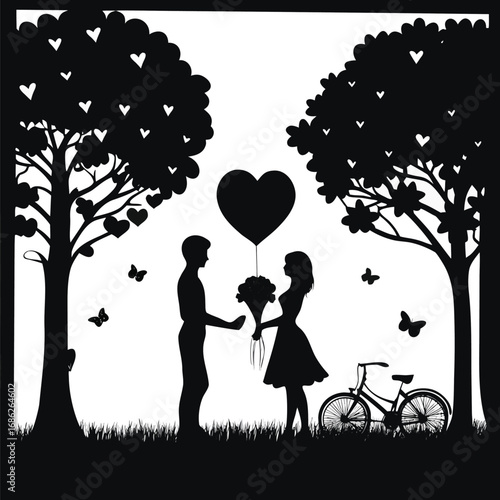 Romantic Silhouette Scene Young Couple Bicycle Heart Balloon Blossoming Trees Butterflies and Love in a Dreamy Black and White Landscape