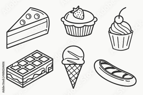 Vector art of collection of delicious desserts in line art