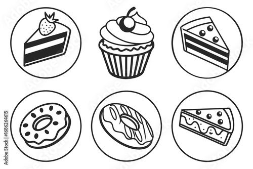 Vector art of collection of sweet desserts in circles
