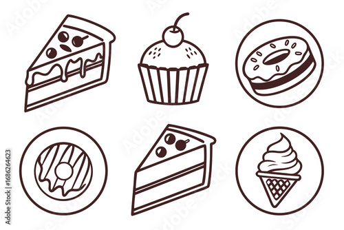 Vector art of collection of sweet desserts in line art