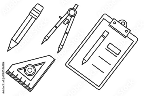 Vector art of drafting tools with pencil, compass, ruler, and clipboard