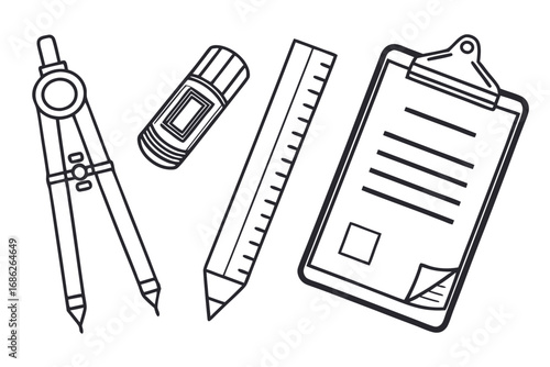 Vector art of drafting tools with compass, eraser, ruler, and clipboard