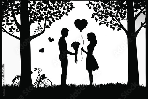 Romantic Silhouette Scene Young Couple Bicycle Heart Balloon Blossoming Trees Butterflies and Love in a Dreamy Black and White Landscape
