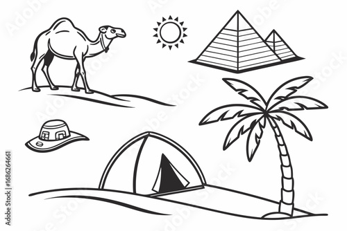 Vector art of egypt travel doodle set with camel and pyramid